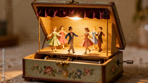 Vintage music box with dancing figures illuminated in soft light  