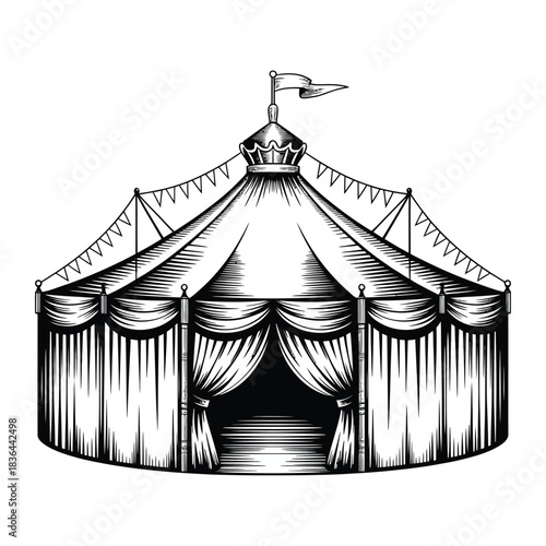 Vintage black and white illustration of a classic circus tent