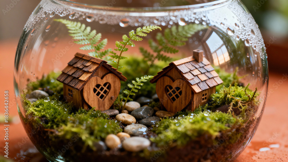 Fototapeta premium Miniature wooden houses nestled in terrarium with green moss and stones 
