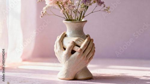 Hands holding a ceramic vase with flowers on a pastel background  