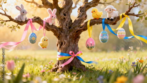 Easter decorations with plush animals and colorful eggs on tree  