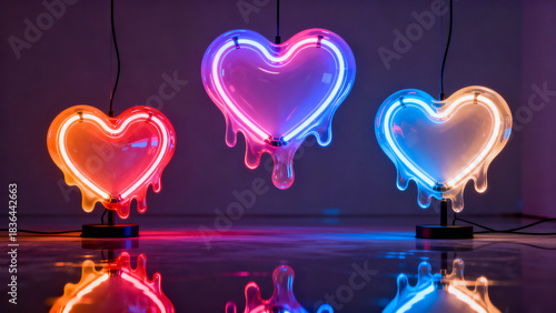 Neon heart lamps with vibrant colors in modern interior setting  