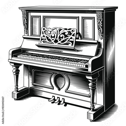 Vintage upright piano with ornate details and music stand