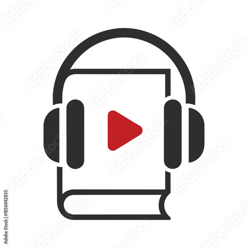 Red play button on book with black headphones icon audio