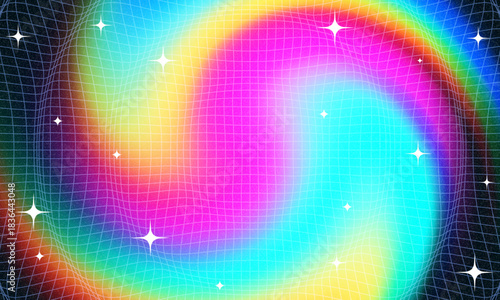 Synthwave wireframe net illustration. Abstract digital background. 80s, 90s Retro futurism, Retro wave cyber grid. Deep space surfaces. Neon lights glowing. Starry background. Vector 3D Rendering