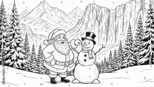 Santa and a snowman sketch black and white stand in the snowy Canadian Rockies valley with towering evergreens, icy cliffs, and a peaceful Christmas atmosphere