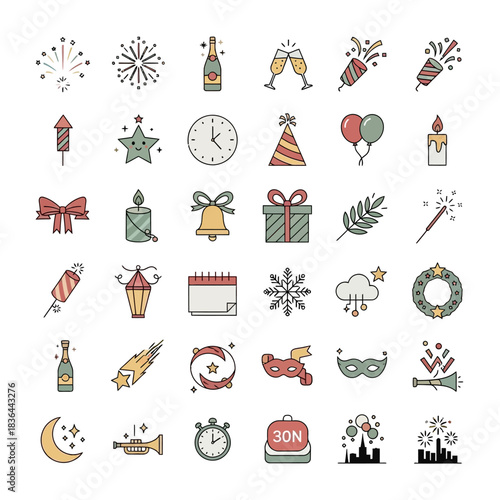 Festive New Year's Icons Celebration, Party, and Holiday Vector Graphics for Design and Decoration