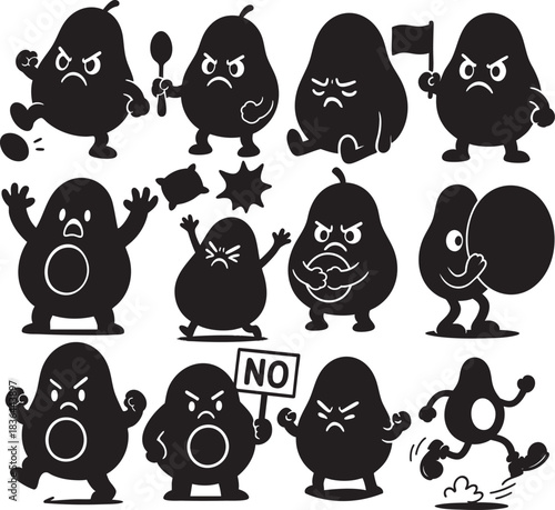 Cute Angry Avocado Emotion Cartoon Illustration Set