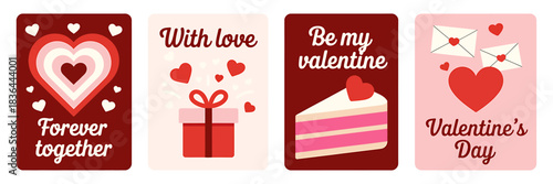 Collection of romantic Valentines Day card templates with heart shapes gifts and messages expressing love and affection in red and pink colors