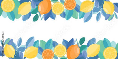 Colorful Fruit Frame with Lemons and Oranges surrounded by Blue and Green Leaves for a Fresh and Vibrant Design