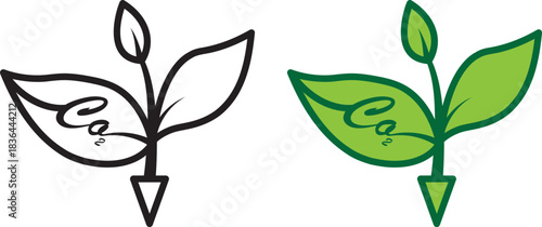 Vector illustration of a plant with two large leaves, a small top leaf, and a downward arrow, shown in both line art and colored styles. Ideal for eco branding, design comparisons, zero  emission