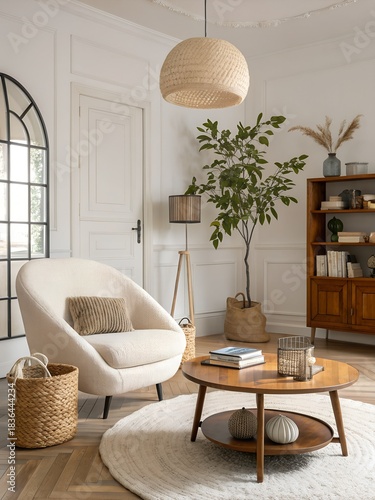 Interior design of aesthetic and minimalist living room with boucle armchair, wooden coffee table, pedant lamp, beautiful leafs in vase, decoration and personal accessories. Copy space. Home decor. Se