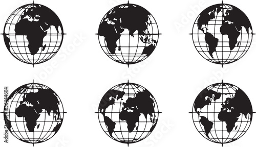 Six black silhouette globes with latitude and longitude lines on a white background earth world