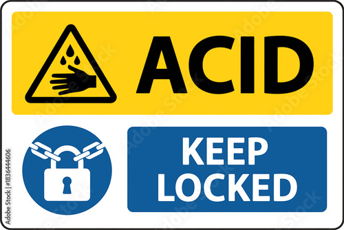 Acid Hazard Warning Sign Keep Locked for Safety and Security Measures Illustrating Chemical Handling and Storage Protocols