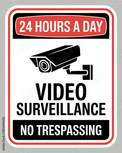 Video surveillance sign with camera and no trespassing message for security monitoring and protection of property