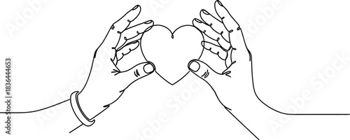 Minimalist line art of hands holding a heart shape with love and care theme