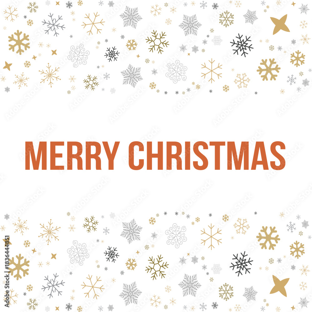 Fototapeta premium Elegant Merry Christmas Greeting Card with Gold and Silver Snowflakes and Festive Winter Elements