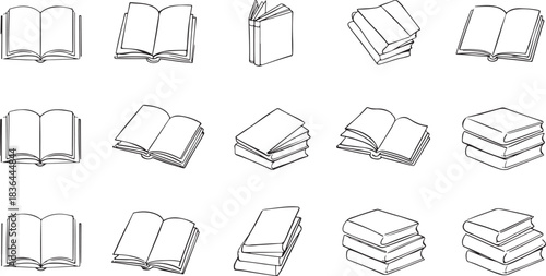 Various Open and Stacked Books in Black Outline Style on White Background Keywords: book, books, education, learning, reading, knowledge, library, study, open, closed, stack, pile, literature