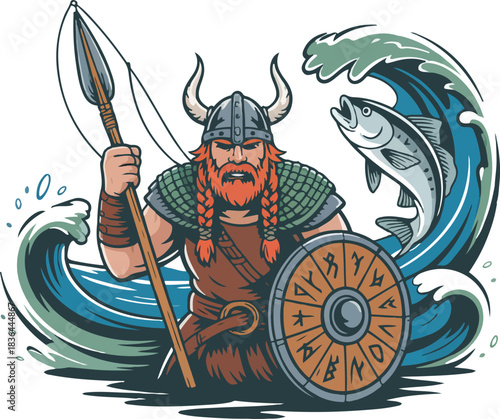 Illustration of viking warrior standing with spear shield and fish jumping out of wave on transparent background vector design