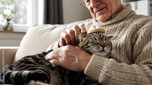 Senior Tabby Cat Brushed by Older Man on Sofa Gentle Pet Grooming Video