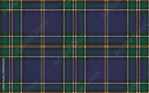 Traditional Scottish Tartan Fabric with Dark Blue Green and Gold Colors for Textile Design and Backgrounds
