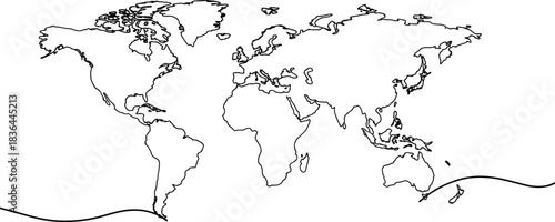 Simple outline world map black and white continents
