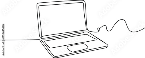 Single line drawing of an open laptop with a wavy cord