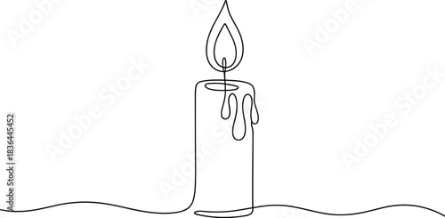 Single line drawing of a lit candle with dripping wax