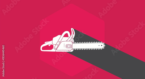 Illustration of a white chainsaw on a red hexagon with a gray shadow