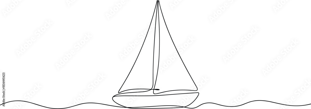 Fototapeta premium Black line drawing of a sailboat on wavy water sailing
