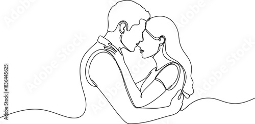Continuous line drawing of a loving couple embracing in a minimalist art style