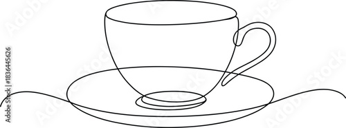 Single line drawing of a coffee cup and saucer minimalist