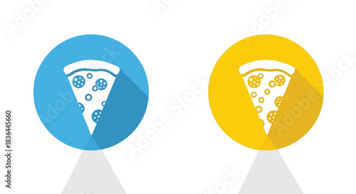 Two pizza slice icons in blue and yellow circles