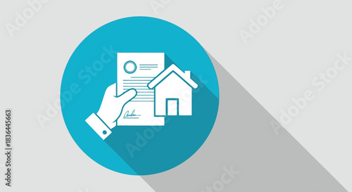 Illustration of a house contract in hand on a blue circle background