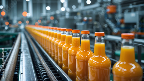 Orange juice bottles conveyor belt factory industrial fresh bright liquid machinery equipment production line generative AI