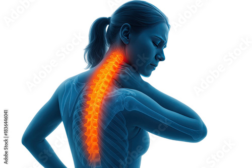 Cervical spine pain highlighted on female body isolated on white background