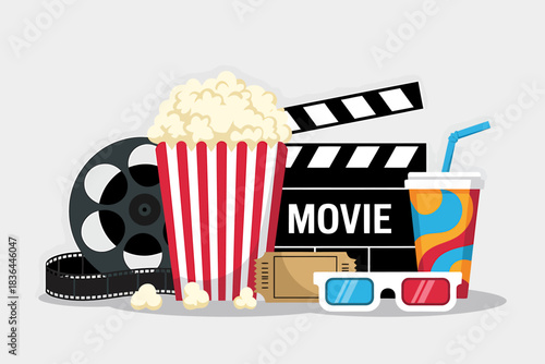 Cinema Night with Popcorn Film Reel and Drink Movie Clapper and 3D Glasses Vector Illustration
