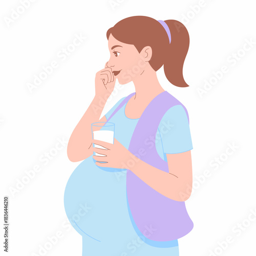 A serene pregnant woman holds a glass of milk, embracing motherhood with a refreshing drink, highlighting the joy and anticipation of nurturing new life amid a peaceful atmosphere.