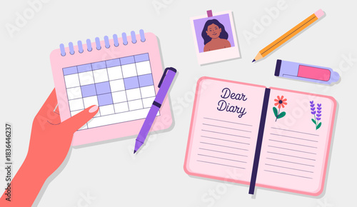 An artistic representation of a calendar and an open diary encouraging daily reflections, organization, and personal expression, ideal for planning and journaling.