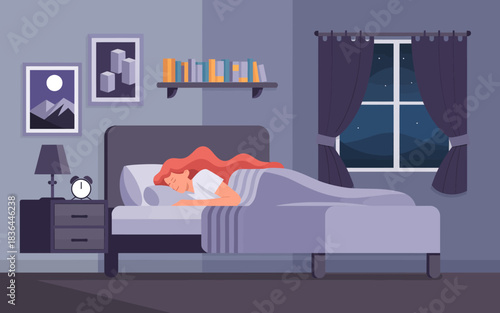 A serene bedroom setting featuring a woman sleeping peacefully in her bed, framed by soft colors and cozy decor, reflecting tranquility and comfort in a personal space.