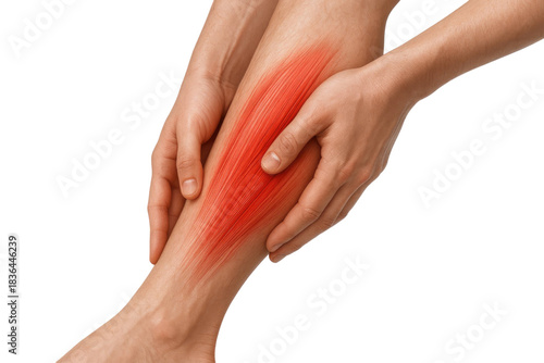 Calf muscle pain highlighted with hands isolated on white background