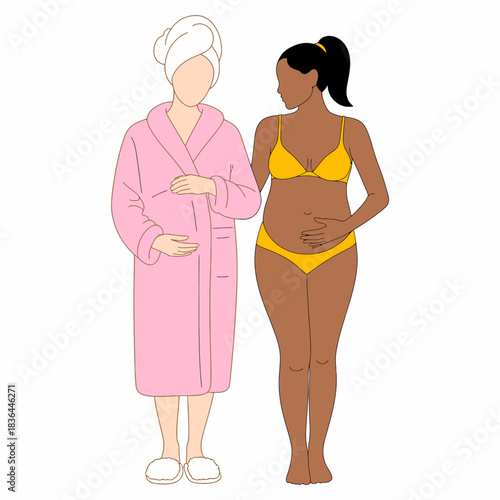 This illustration captures two women, one expectant and one postpartum, celebrating their bodies, emphasizing body positivity and acceptance, portraying diversity and strength in motherhood.