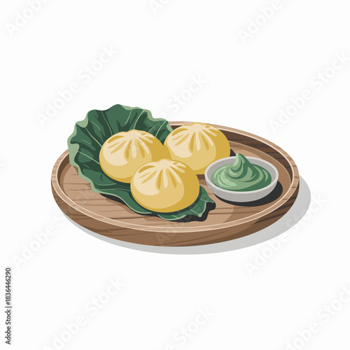 A delectable platter of golden dumplings arranged on a wooden plate, accompanied by a serving of green dipping sauce, highlighting delightful culinary experiences.