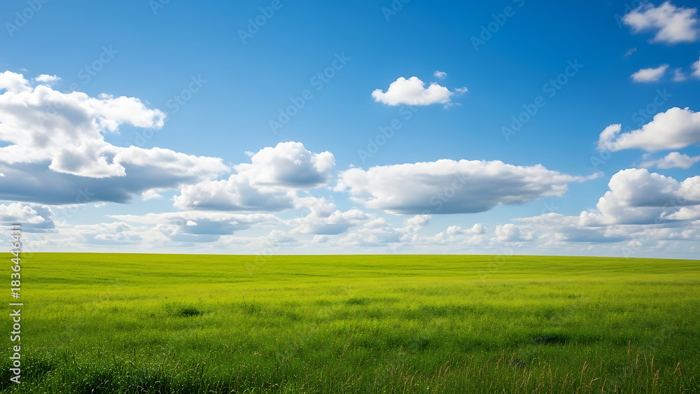 Obraz premium Summer landscape green field and blue sky with clouds web banner 66985811 1
