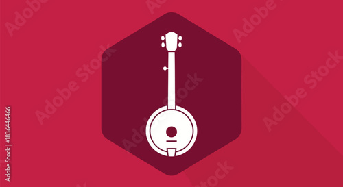 White banjo icon on a red hexagon with a long shadow, music instrument