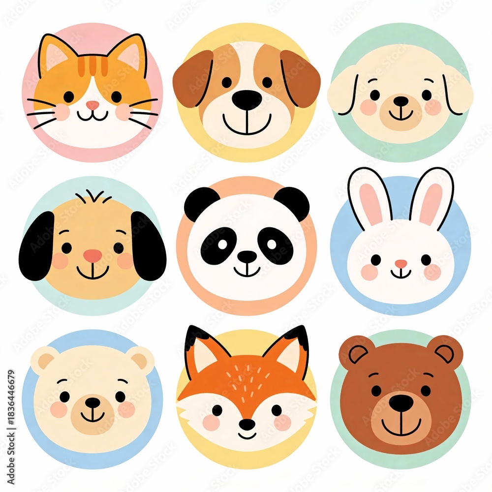 Fototapeta premium Nine cute animal face icons in pastel circles: cat, two dogs, panda, rabbit, fox, polar bear, brown bear. Simple kawaii style for kids stickers, branding, nursery decor, print and web.