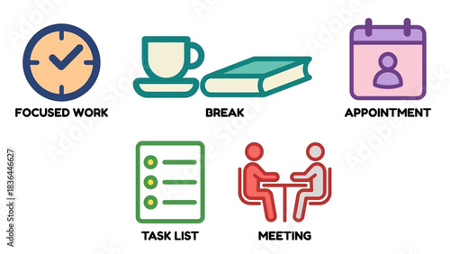 Productivity Time Management and Daily Routine Schedule Icon Set Vector