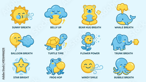 Adorable Cartoon Breathing Exercises for Children with Cute Animal Characters and Nature Elements