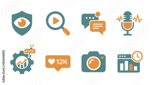Modern Digital Marketing Social Media Content Production Analytics Live Streaming Icons