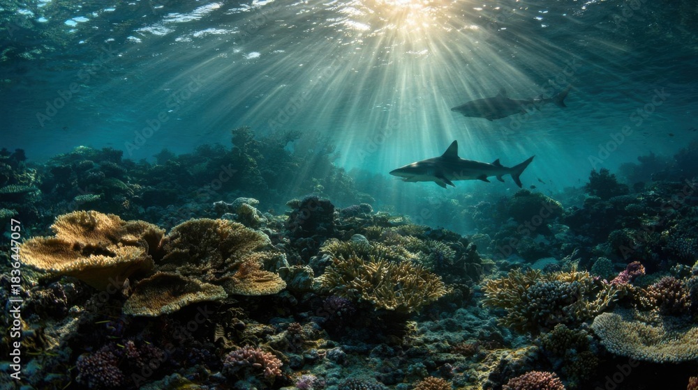 Obraz premium Underwater scene with shark swimming above a vibrant coral reef with sun rays.